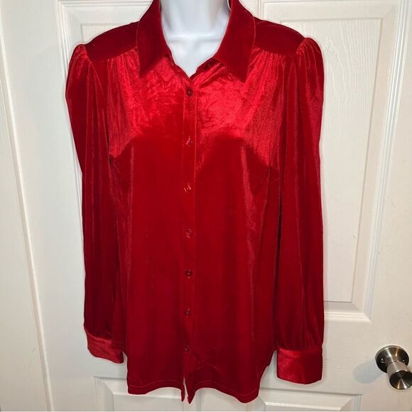 Modcloth Be Buzzworthy Velvet Pleated Top Button Down Cherry Red M - Picture 2 of 11